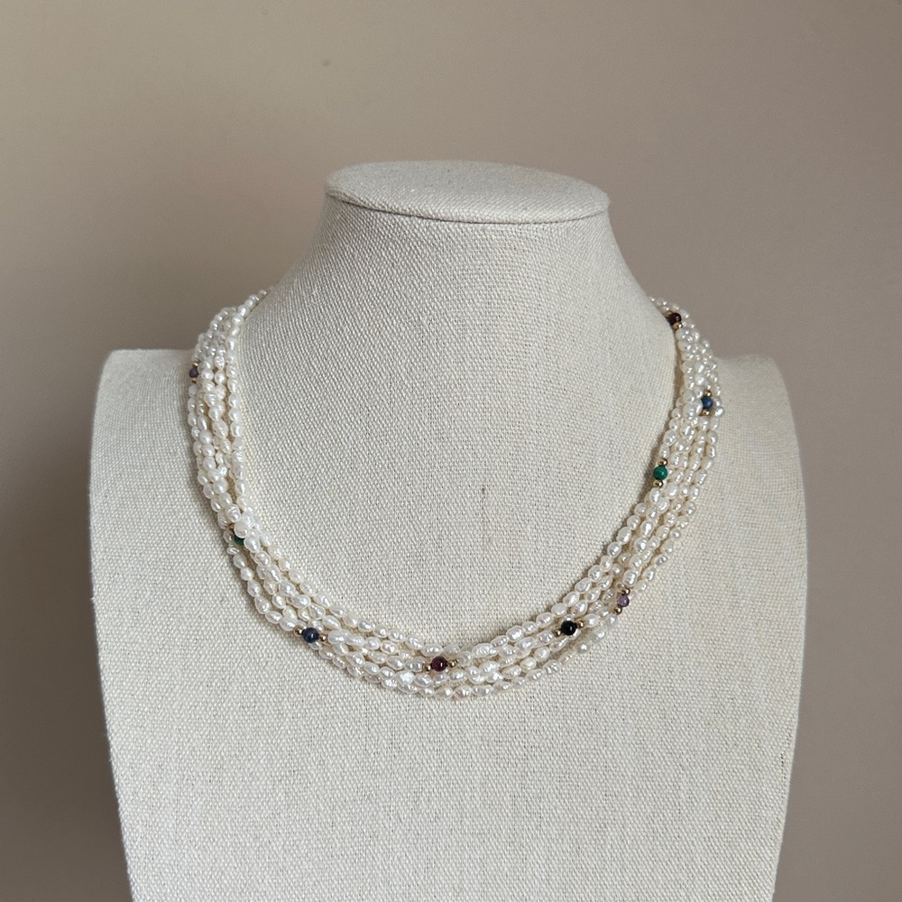 Vintage 14K Gold Rice Pearls Multi Gemstone Necklace